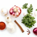 onions, garlic and spices isolated on white background Royalty Free Stock Photo