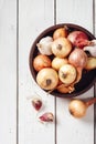 Onions and garlic on a white wooden background Royalty Free Stock Photo