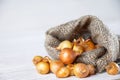 Onions in a jute bag on a wite wooden background. Spreading yellow onions.Burlap bag with onions Royalty Free Stock Photo