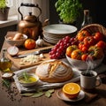 Onions are nearby. A copper kettle, a stack of white plates, Royalty Free Stock Photo