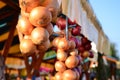 Onions for sale on a market during the harvest days Royalty Free Stock Photo