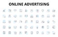 Online advertising linear icons set. PPC, Impressions, Clicks, CTR, Analytics, Banners, Retargeting vector symbols and