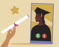 Online Afro Graduate Graduate Graduation Flat Vector Stock Illustration with Phone and Online Call as Online Learning Concept