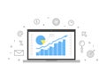 Online analytics concept line illustration. Laptop with web page graphic diagram screen and linear icon