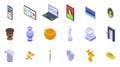 Online art gallery icons set isometric vector. Computer virtual tour