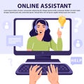 Online assistant concept. Hands typing on keyboard and search answer your question. Computer screen with woman operator.