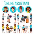 Online Assistant Woman Set Vector. Online Global Tech Support 24 7. Advises Client. Headphone, Headset. Talking. Office Royalty Free Stock Photo