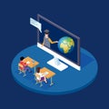 Online astronomy lesson isometric vector concept. Remote teacher tells children about earth and space illustration