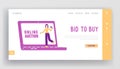 Online Auction Business or Charity Landing Page Template. Female Character Holding Bid Plate in Hand Stand at Laptop