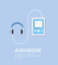 Online audiobook mobile application tablet or smartphone screen with headphones audio book distance education e-learning