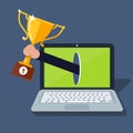 Online award goal achievement. Laptop computer and success winner gold cup prize. Electronic reward. first place victory