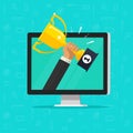 Online award goal achievement vector, flat cartoon computer and success winner holding golden cup prize, first place