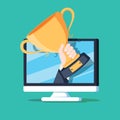 Online award goal achievement vector, flat cartoon computer and success winner holding golden cup prize