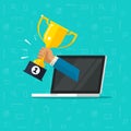 Online award goal achievement vector, flat cartoon laptop computer and success winner golden cup prize, first place