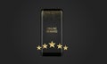 Online award, smartphone on a black background, five gold stars