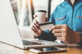 Online banking businessman using Laptop with credit card online shopping , Fintech and Blockchain concept Royalty Free Stock Photo