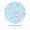 Online banking concept in circle with thin line icons: deposit app, money safety, internet bank, contactless payment, credit card Royalty Free Stock Photo