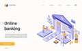 Online banking financial technology isometric landing page, payment, finance accounting