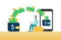 Online banking money transfer or withdrawal - business man making cash dollar transaction from wallet to mobile phone, isolated Royalty Free Stock Photo