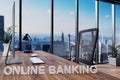 Online banking; office chair in front of modern workspace with computer and skyline view; banking concept; 3D Illustration