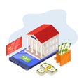 Online banking service, vector isometric illustration. Bank building on smartphone screen. Payment mobile app concept