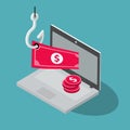 Online banking theft symbol with laptop, red banknote and fishing hook isolated on blue background Royalty Free Stock Photo