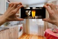 Online bar concept. Drinking with friends at home via smartphone or other gadgets Royalty Free Stock Photo