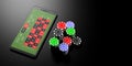 Online betting. Smartphone and casino poker chips on a black background, banner, copy space. 3d illustration Royalty Free Stock Photo