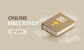 Online Bible Study concept. Realistic 3D Icon of Holy Bible with clouds around. Religious Lecture Online education Concept in
