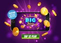 Online Big slots casino marketing banner, tap to play button. Mobile phone with screenshot of slots logo with flying