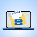 Online bill payment. Concept of electronic invoice and internet banking, laptop with invoice. vector illustration Royalty Free Stock Photo