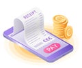 The online bill payment with smart phone. Flat vector isometric