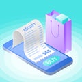 The online bill purchase with smartphone. Flat vector isometric