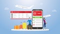 Online book or booking tickets for airflight concept with smartphone app and some luggage with people order online ticket with