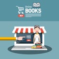 Online Book Store Vector Flat Design with Books and Woman.