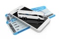 Online Booking Concept. Big White Coach Tour Bus over Mobile Phone amd Bus Tickets. 3d Rendering