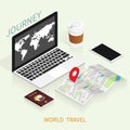 Isometric online booking ,passport world map,trip plan travel vector Royalty Free Stock Photo