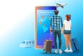Online booking service vector illustration. man and Woman with travel, book luggage on smartphone, plan trip, online flight and Royalty Free Stock Photo