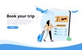 Online booking service vector illustration. Woman with luggage book travel on the smartphone. Trip planning, traveling, covid