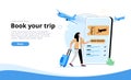 Online booking service vector illustration. Woman with luggage book travel on the smartphone. Trip planning, traveling