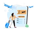 Online booking service vector illustration. Woman with luggage book travel on the smartphone. Trip planning, traveling