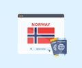 Online booking service on web browser site, trip planning country Norway logo design. Online reservation of plane tickets.