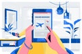 Online Booking Traveling Plane Flight Concept.Female hands holding phone with app booking screen.Vector illustration Royalty Free Stock Photo