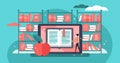 Online books flat vector illustration. Tiny persons mobile library concept.