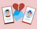 Online break up couple, smartphone with hand isolated, flat vector illustration as concept of internet breakup and broken heart