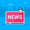 Online breaking news concept vector illustration. Young men siting near big letters and using their own laptop for