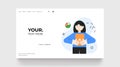 Online business analisys landing page. Woman with tablet. Vector illustration