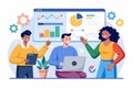 Online business analytics concept illustrating three individuals collaborating on data analysis with charts and graphs in a modern Royalty Free Stock Photo