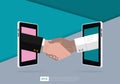 Online business deals design concept. Two businessmen hand shaking virtually from smartphone to make agreement or contract. Royalty Free Stock Photo