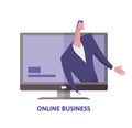 Online business. Man in buisiness suit on computer monitor. Businessman on the screen. Webinar. Concept vector Royalty Free Stock Photo